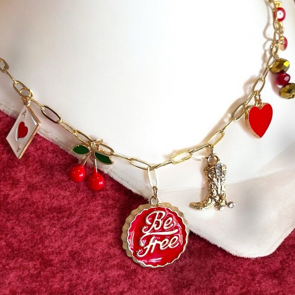 Gold toned dainty and fun Charm Necklace cherries, heart, boot and crystals - Picture 11 of 17
